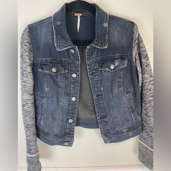 Free People Distressed Denim Jean Hooded Jacket Small - Picture 2 of 12